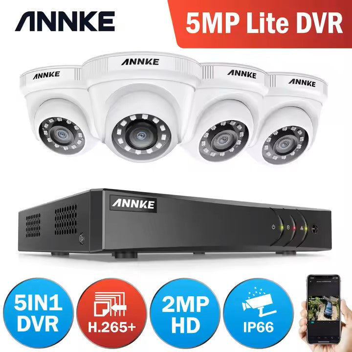 ANNKE 8CH 5MP DVR Security System – 4× 1080p 2MP TVI Cameras, H.265+ 5-in-1 Surveillance Kit
