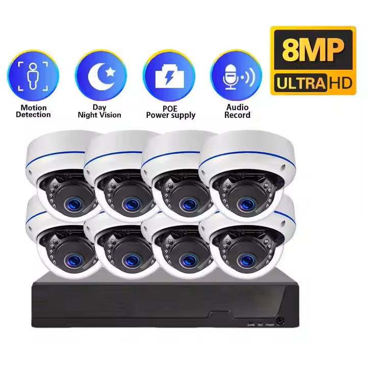 8MP 4K PoE Dome Security Camera System – 8CH Waterproof Outdoor Kit with Audio & NVR