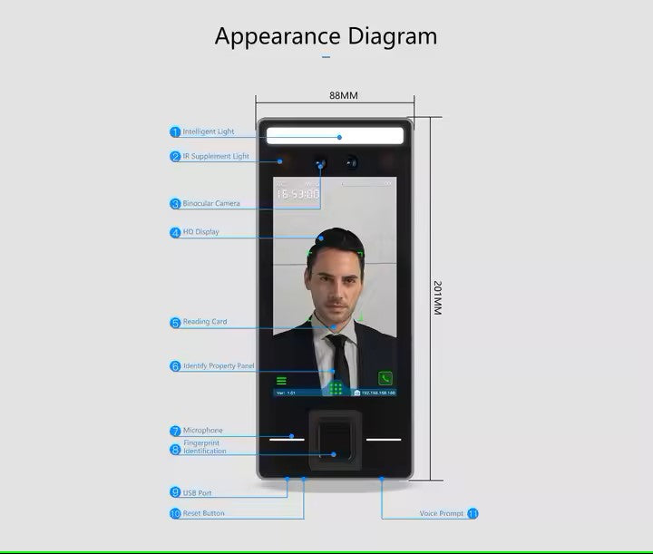 Smart Face Recognition Access Control & Time Attendance System – WiFi, TCP/IP, Optional 4G, Fingerprint, Night Vision & Intercom