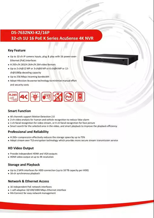 Hot Sale! Hikvision DS-7632NXI-K2/16P 32-Channel PoE 4K AcuSense NVR – 1U Rackmount Network Video Recorder