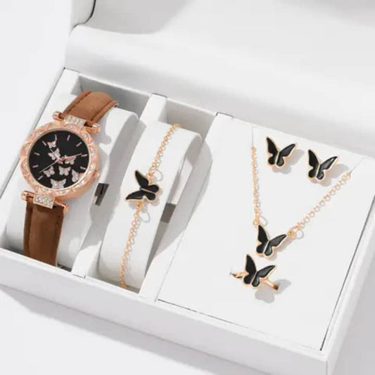 Elegant Butterfly Watch & Jewelry Set – Rose Gold with Brown Leather